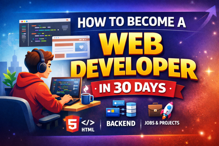 How to become a web developer in 30 days roadmap showing a person coding with web development tools like HTML, backend, and projects