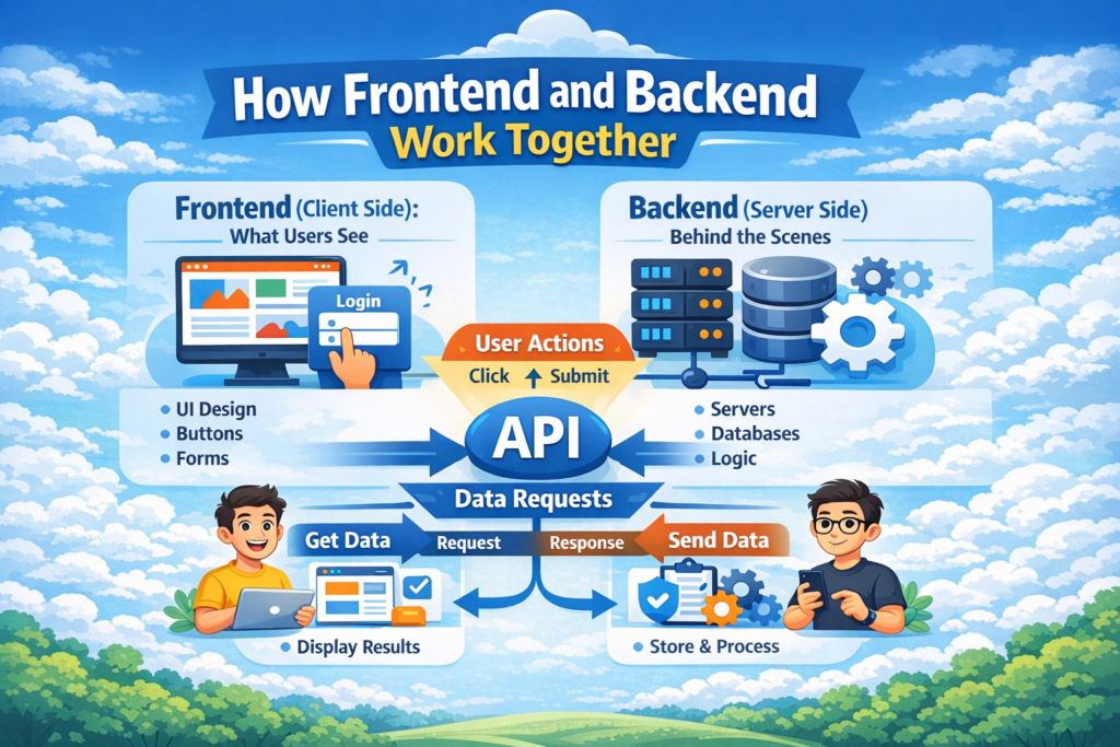How frontend and backend work together showing user actions, API, server, and database in a simple visual diagram