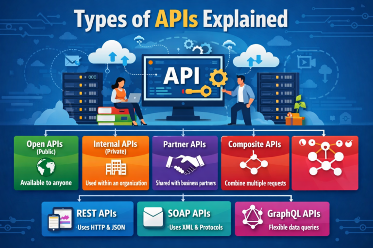 Infographic explaining different types of APIs, including Open, Internal, Partner, Composite, REST, SOAP, and GraphQL.