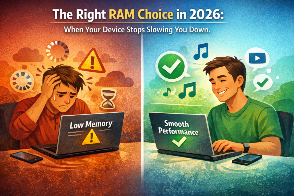 How Much RAM Do You Actually Need in 2026? Illustration comparing low RAM versus sufficient RAM in 2026, showing the difference between slow performance and smooth multitasking on modern devices.