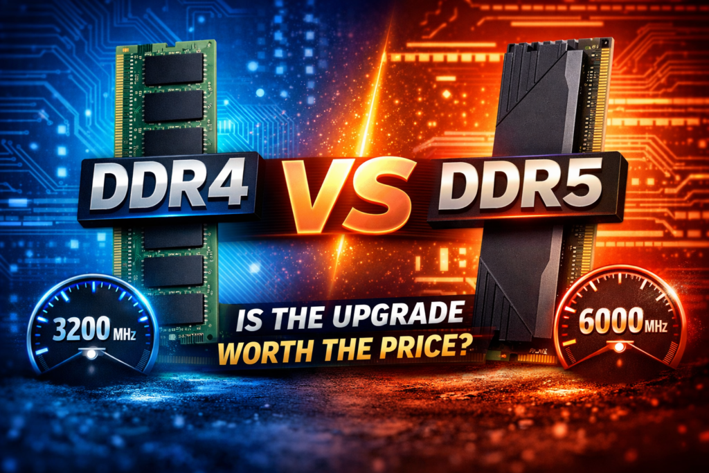 DDR4 vs DDR5: Is the Upgrade Worth the Price? DDR4 vs DDR5 RAM comparison showing speed difference and upgrade value in 2026