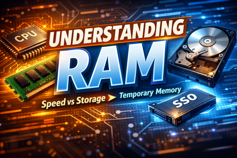 Visual explaining how RAM works in a computer, showing the relationship between CPU, RAM, and storage with a focus on speed and temporary memory.