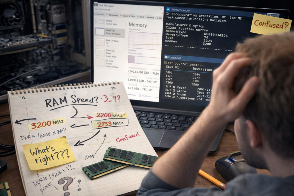 How to Check Your RAM Speed and Type A user confused while checking RAM speed on a Windows laptop, comparing Task Manager, Command Prompt, and PowerShell results with RAM sticks on a desk.