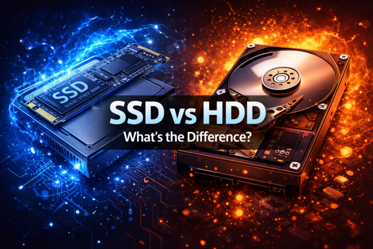 Illustration comparing SSD and HDD storage, showing speed and technology differences