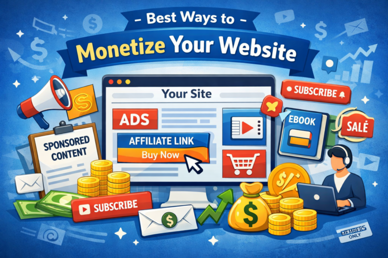 Illustration showing different ways to monetize a website like ads, affiliate links, subscriptions, and digital products
