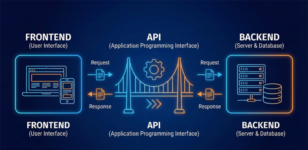 How APIs Connect Frontend and Backend Diagram showing how frontend and backend communicate through an API