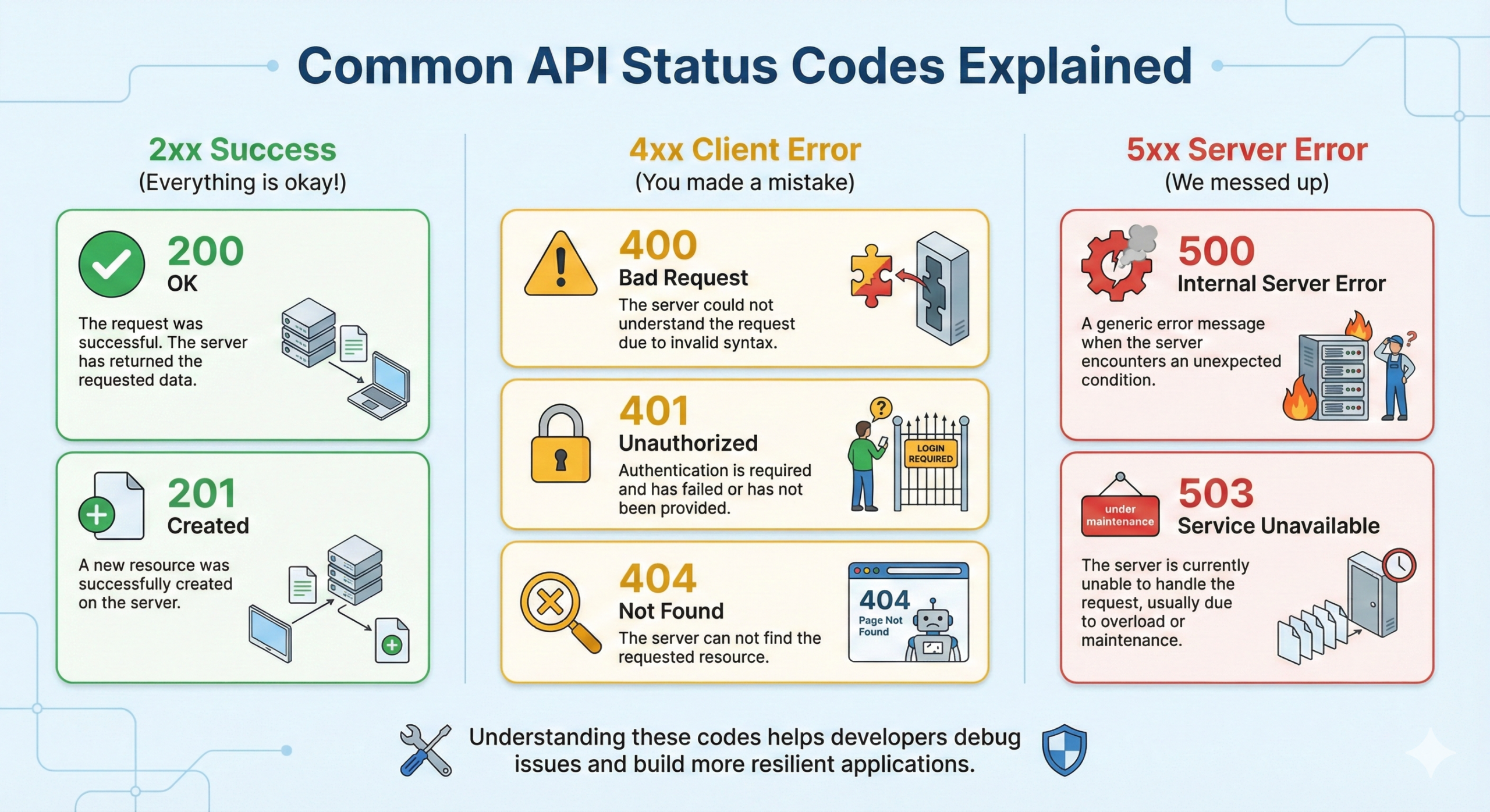 Diagram explaining common API status codes and their meanings in request and response flow