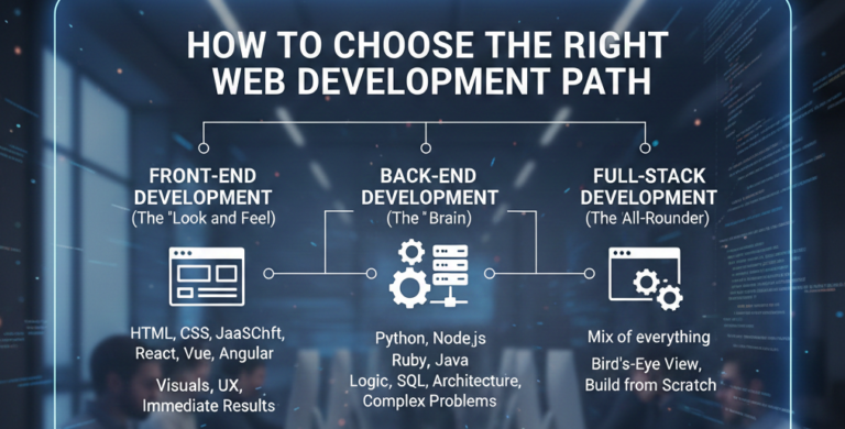 An infographic titled "How to Choose the Right Web Development Path" showing three main branches: Front-End (The Look and Feel), Back-End (The Brain), and Full-Stack (The All-Rounder), with key skills and personality traits listed for each.