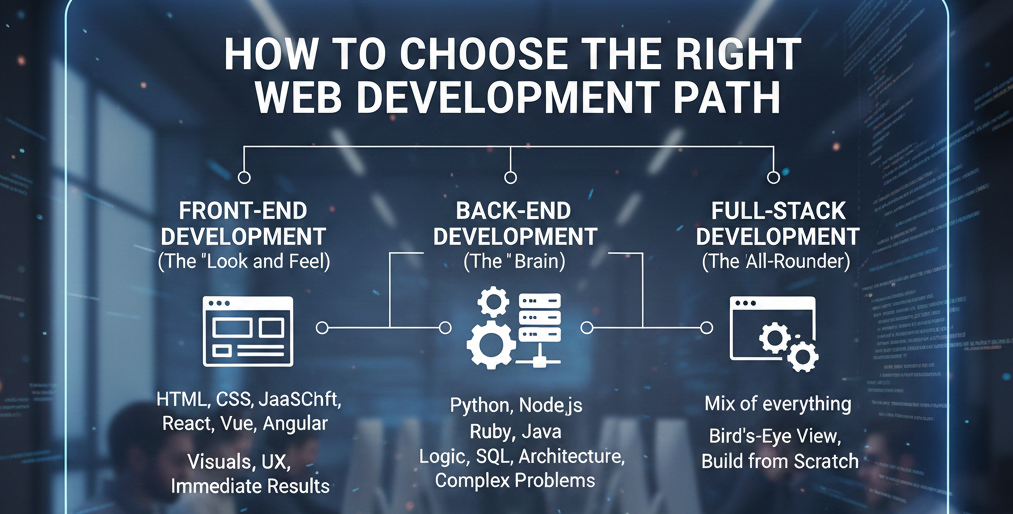 How to Choose the Right Web Development Path An infographic titled "How to Choose the Right Web Development Path" showing three main branches: Front-End (The Look and Feel), Back-End (The Brain), and Full-Stack (The All-Rounder), with key skills and personality traits listed for each.