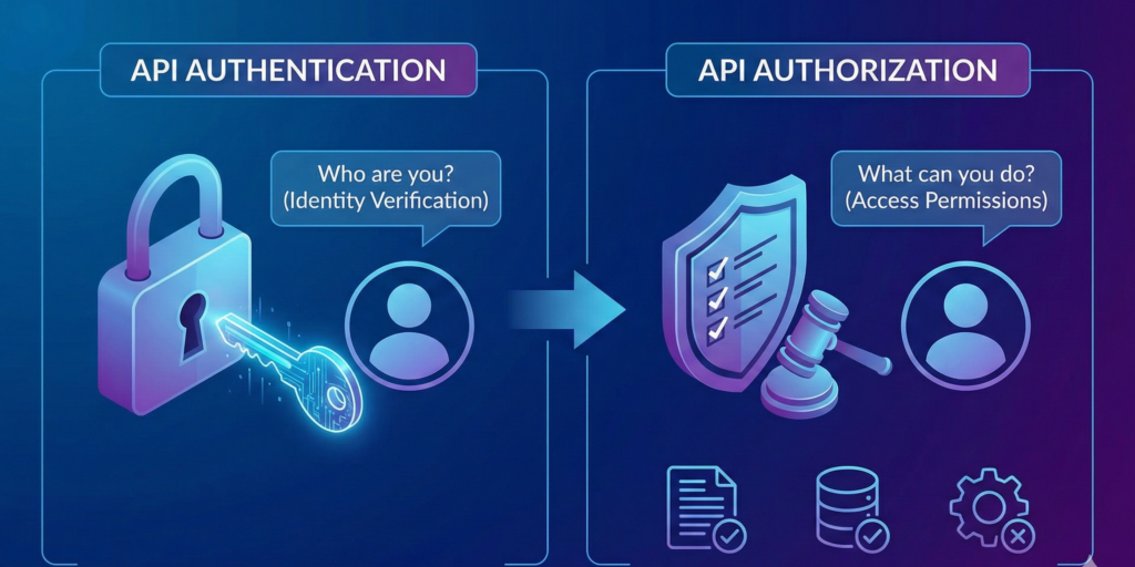API Authentication and Authorization Diagram showing how API authentication verifies identity and authorization controls access