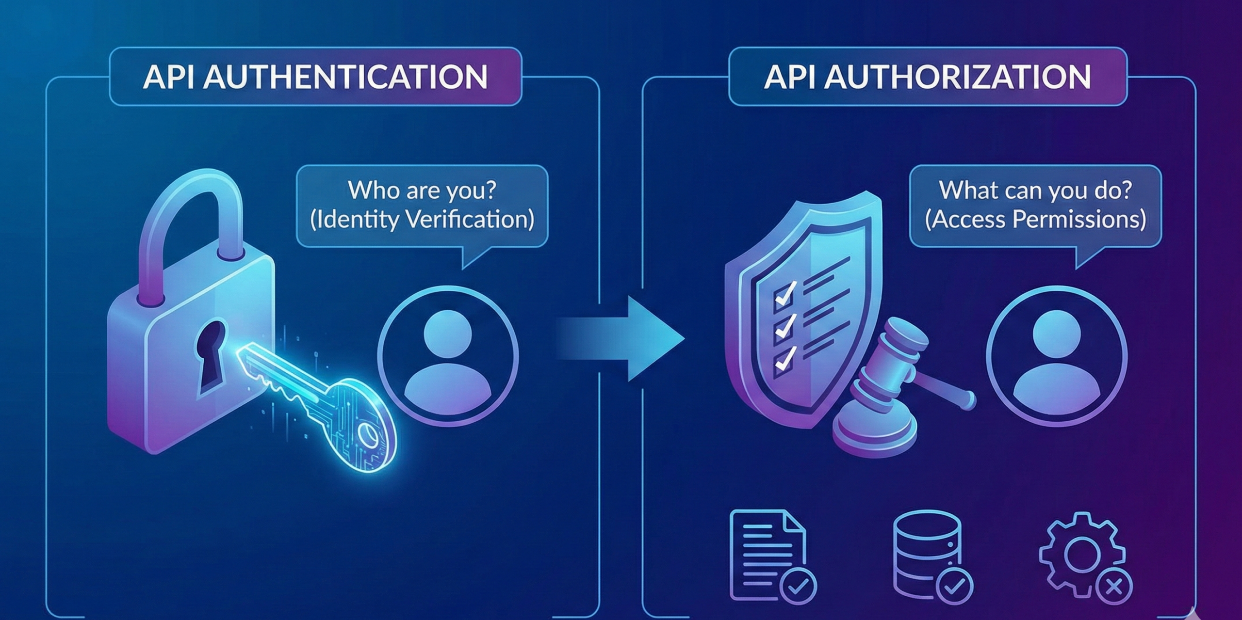 Diagram showing how API authentication verifies identity and authorization controls access