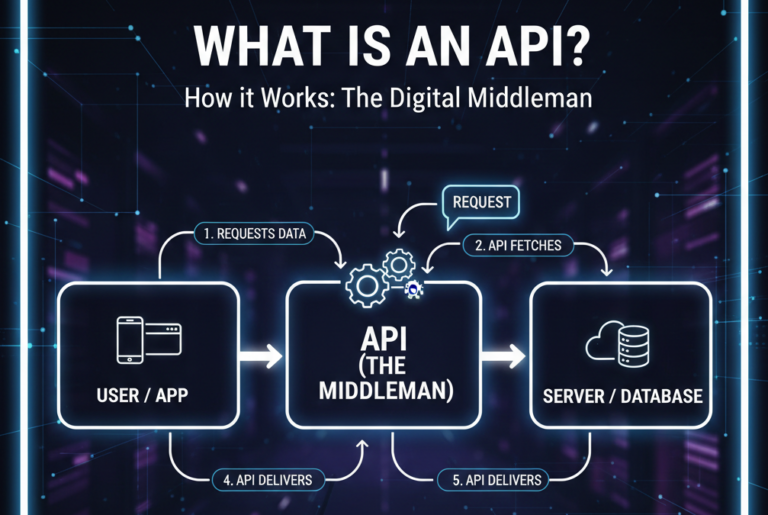 A high-quality educational thumbnail explaining "What is an API?" featuring a conceptual diagram of a user interface connecting to a server through a digital bridge or pipeline.